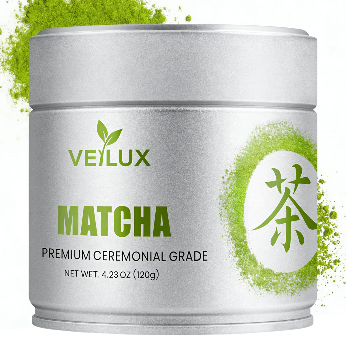 VEILUX ceremonial grade matcha tin with bright green powder for traditional tea