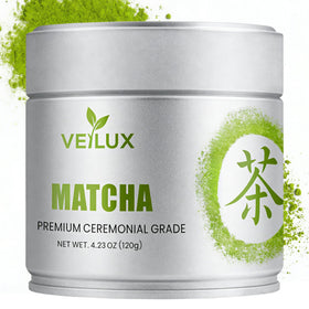 VEILUX ceremonial grade matcha tin with bright green powder for traditional tea