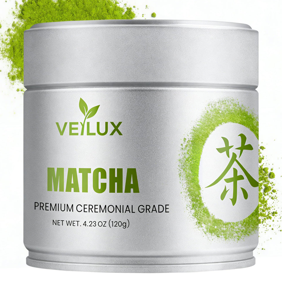 VEILUX ceremonial grade matcha tin with bright green powder for traditional tea