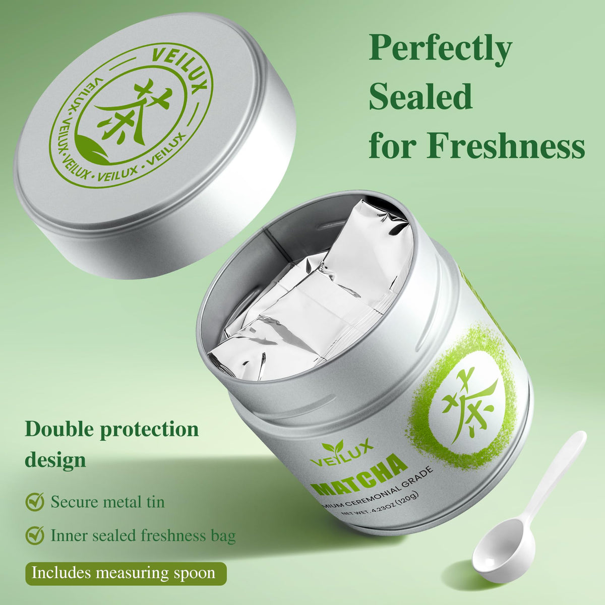 Scoop beside VEILUX tin highlighting precise measurement for mixes