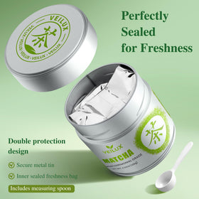 Scoop beside VEILUX tin highlighting precise measurement for mixes