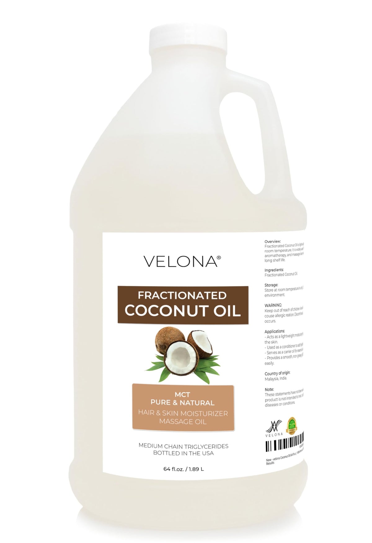 Velona MCT Coconut Oil bottle 64oz on shelf for skin and hair care.