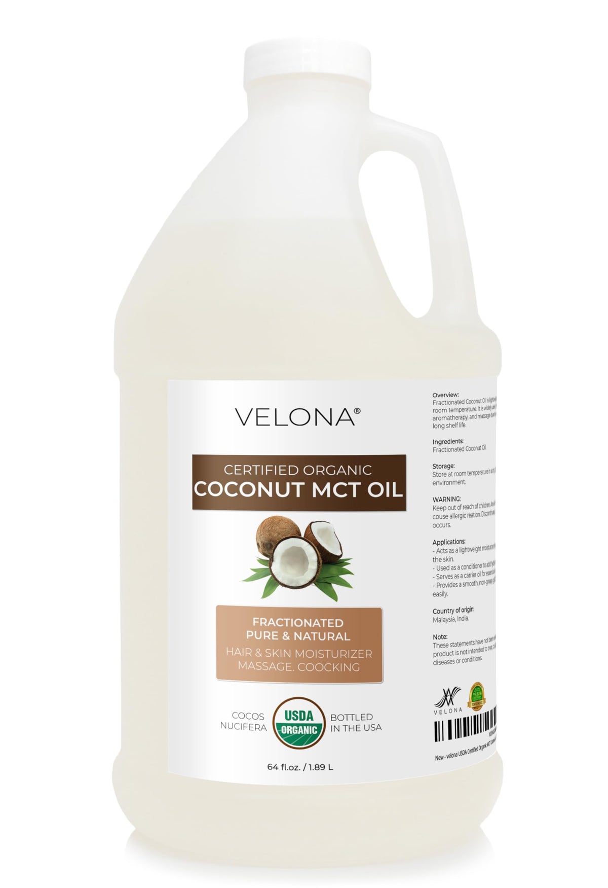Velona MCT Coconut Oil bottle shown for versatile skin and hair care.