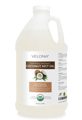 Velona MCT Coconut Oil bottle shown for versatile skin and hair care.