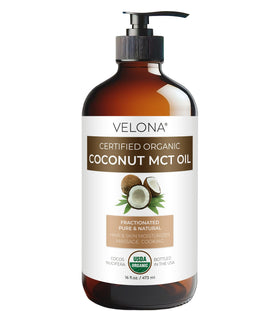 Velona MCT Oil poured from a glass bottle for fast absorption without greasiness.