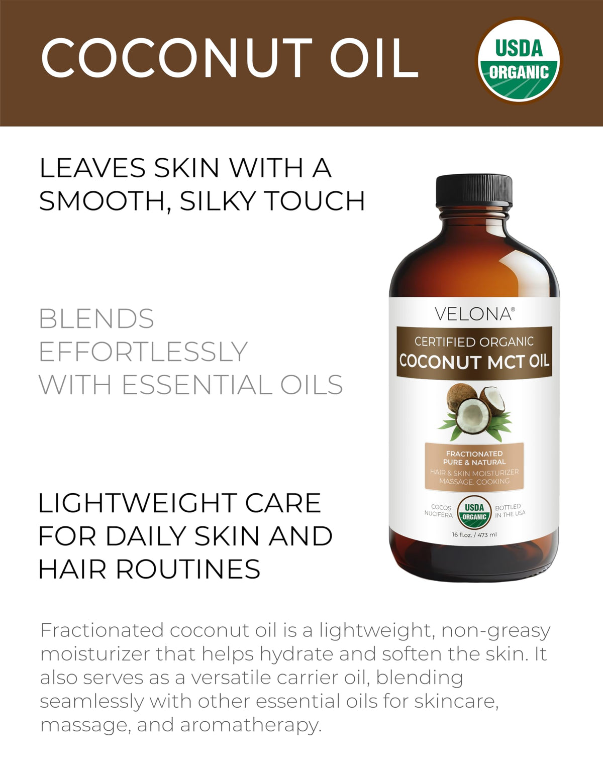 Velona MCT Coconut Oil in liquid form ideal for easy skin and hair application.