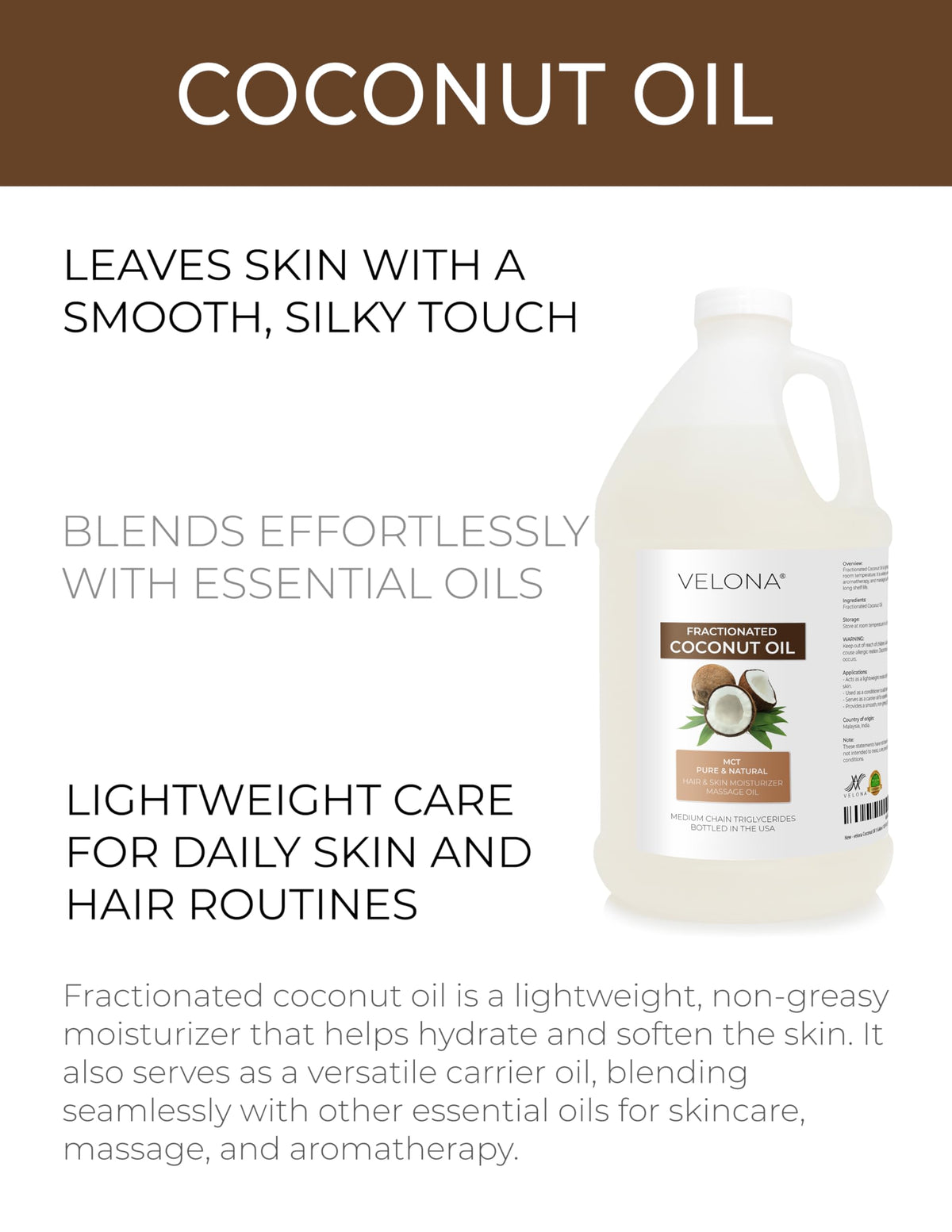 Velona MCT Coconut Oil pour shows its light, non-greasy texture for daily use.