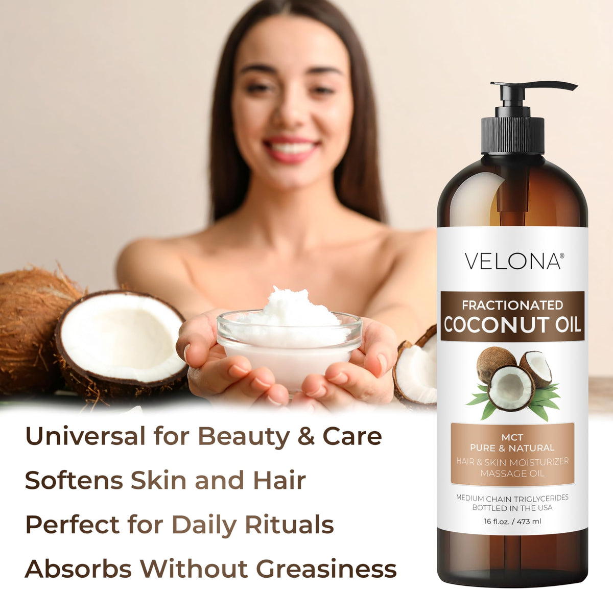 Velona MCT Coconut Oil application on skin delivers quick absorption and soft feel.