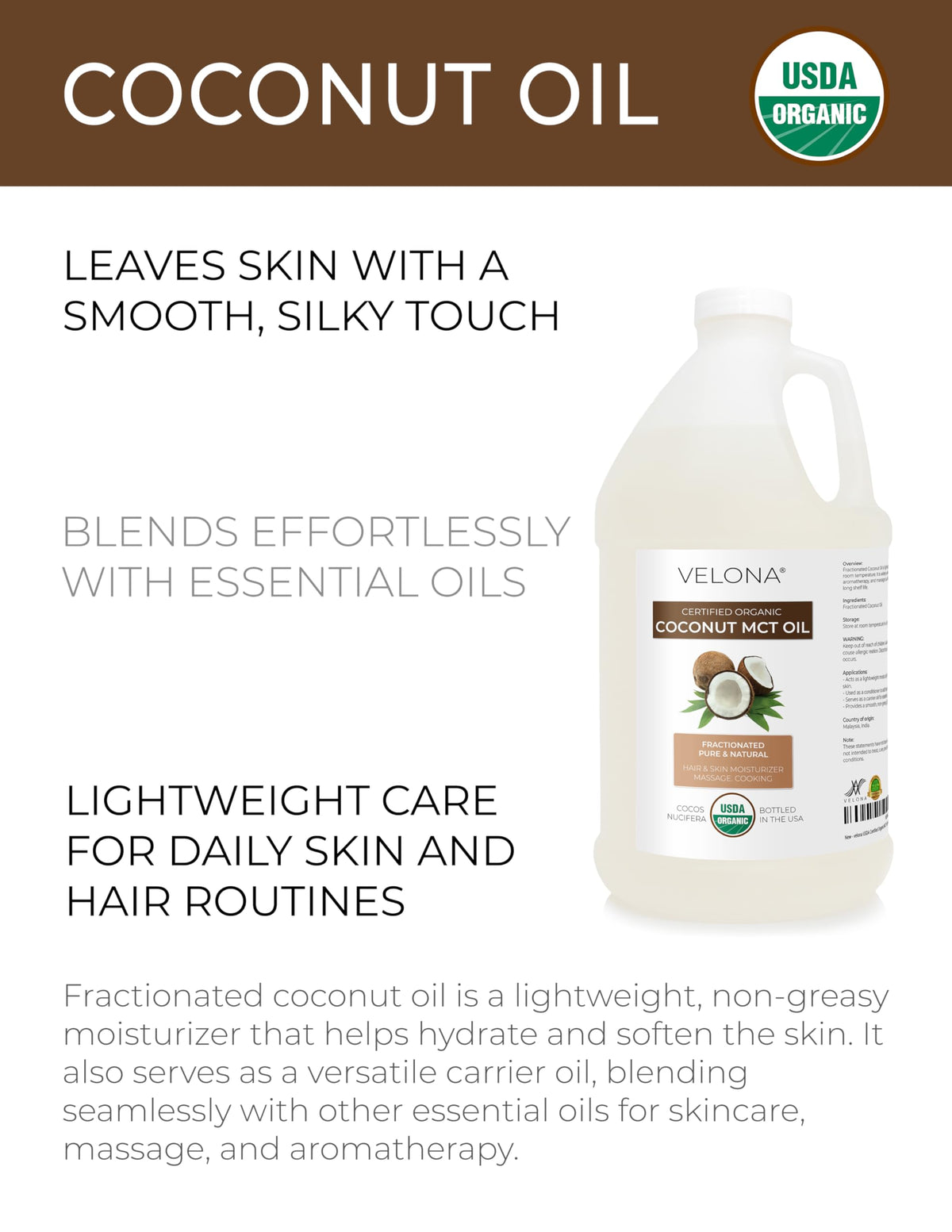 Velona MCT Coconut Oil skin application demonstrates fast absorption and non-greasy finish.