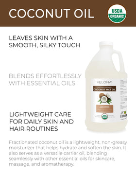 Velona MCT Coconut Oil skin application demonstrates fast absorption and non-greasy finish.