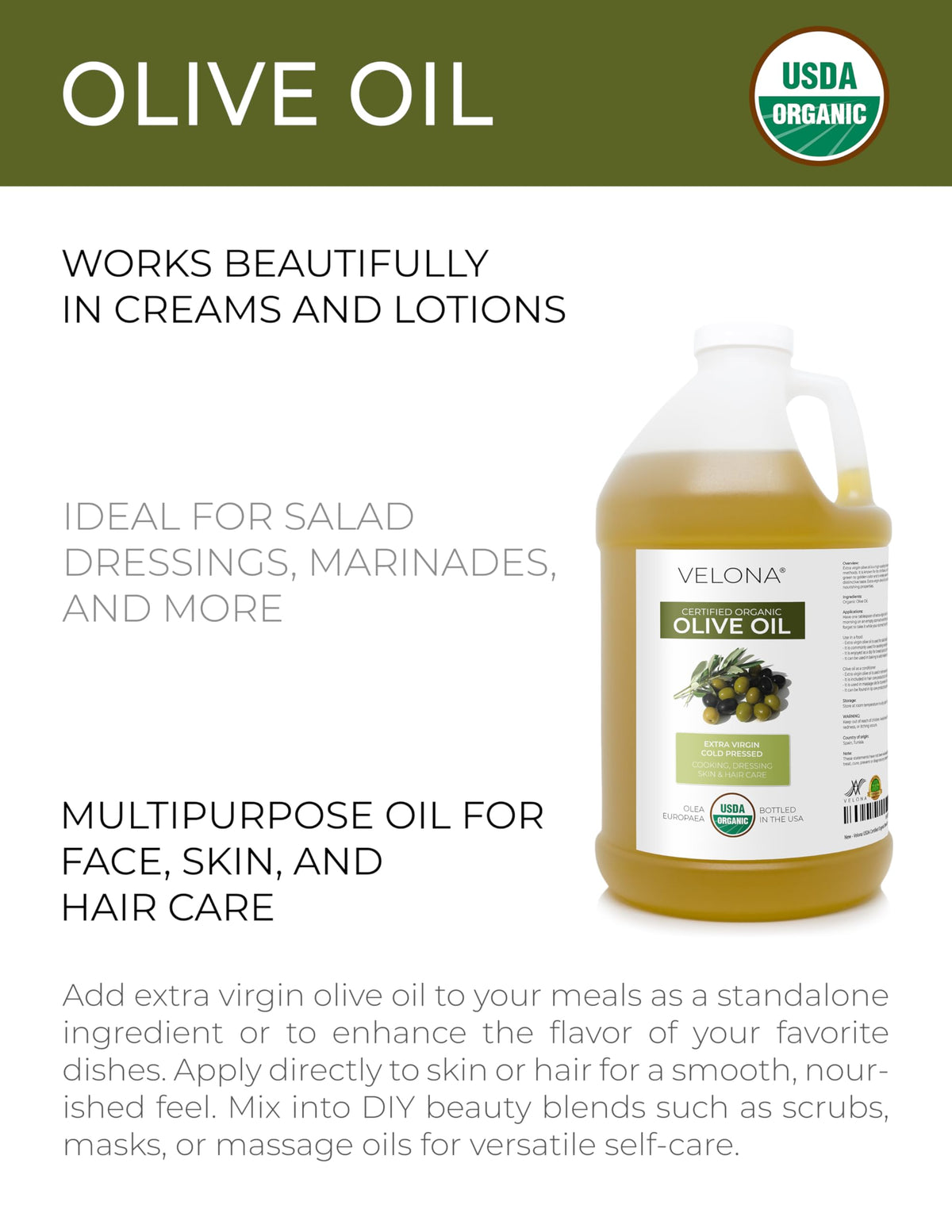 Velona organic olive oil label front showing purity