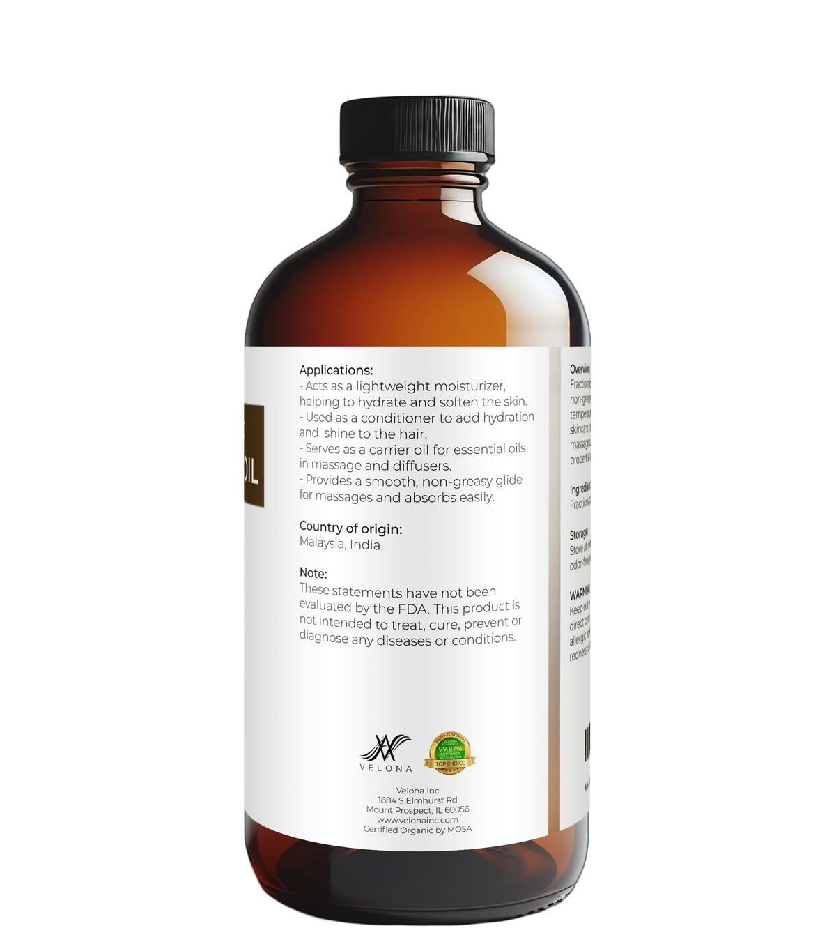 Velona USDA Organic Coconut Oil glass bottle suitable for massage and aromatherapy.