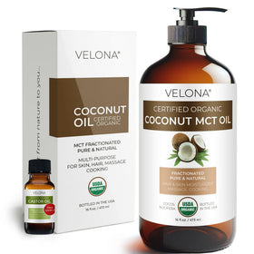 Velona USDA Organic MCT Coconut Oil bottle ready for skincare and haircare routines.