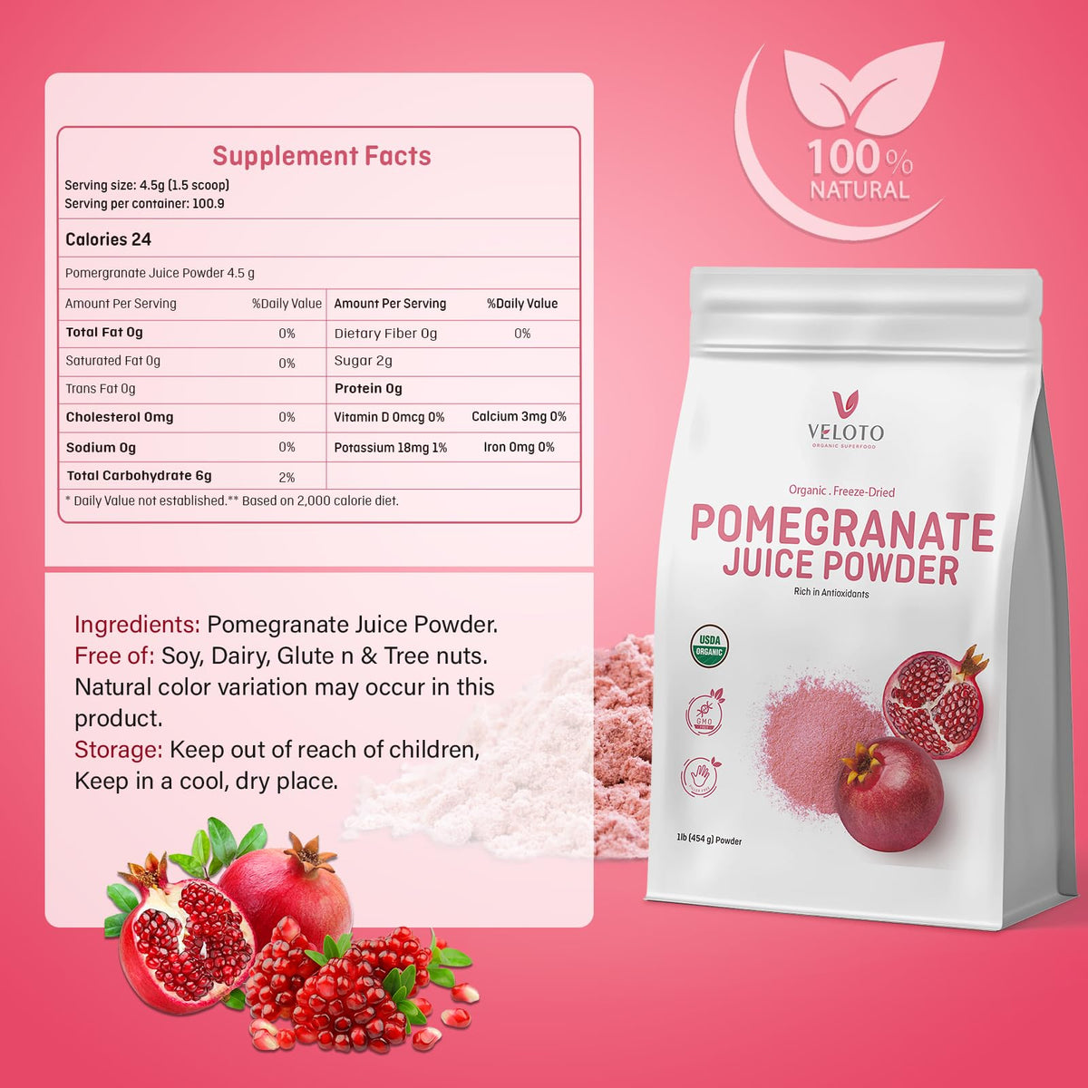 VELOTO Freeze-dried Pomegranate Powder pour highlights preserved nutrients and vivid color for baking.