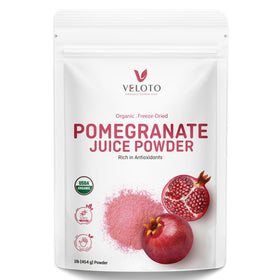 VELOTO Organic Pomegranate Juice Powder bottle for easy smoothies and vitamin C-rich shakes.