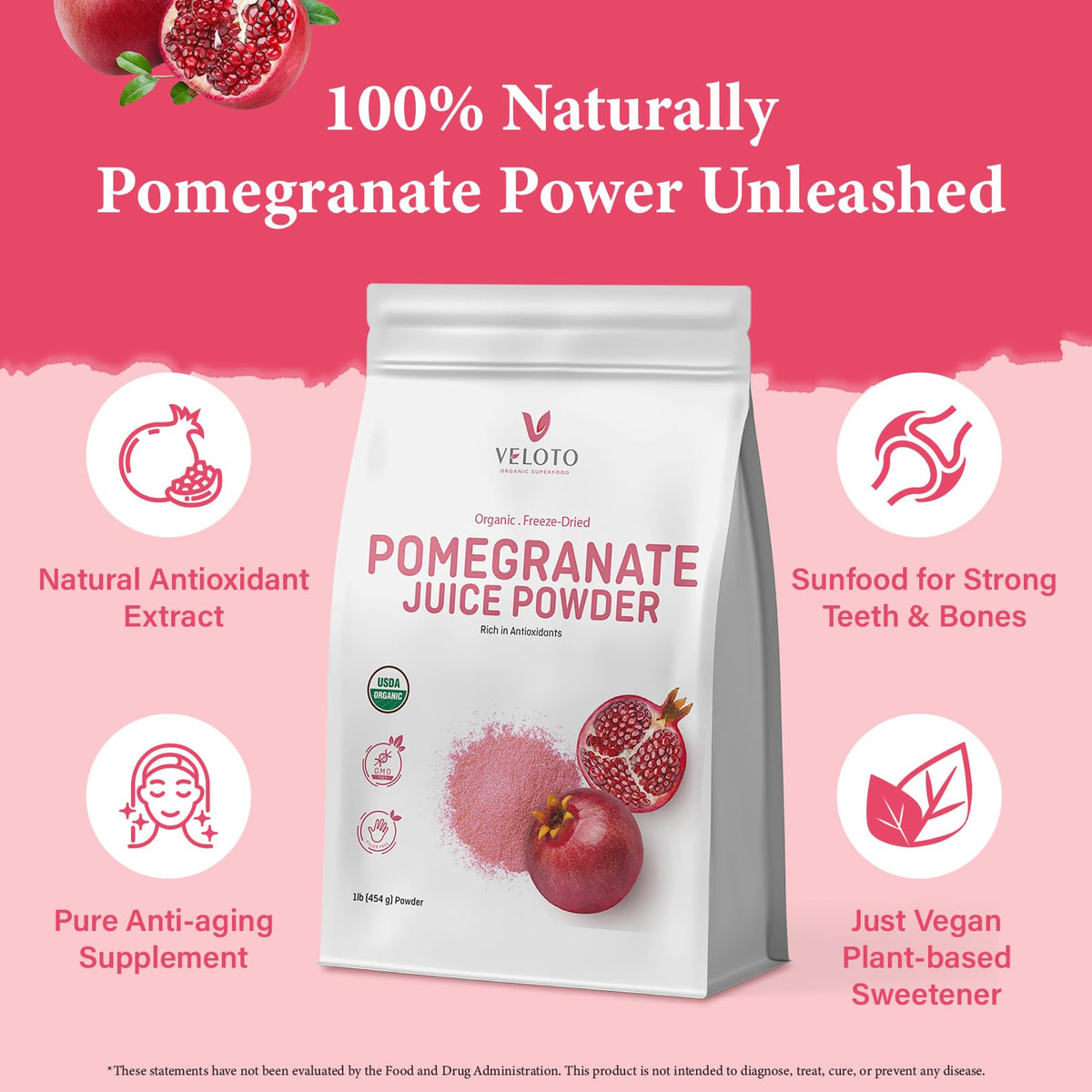 VELOTO Real Pomegranate Juice Powder jar emphasizes pure juice origin for effortless mixing.