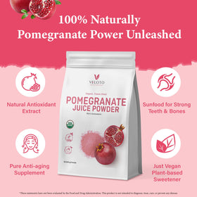 VELOTO Real Pomegranate Juice Powder jar emphasizes pure juice origin for effortless mixing.