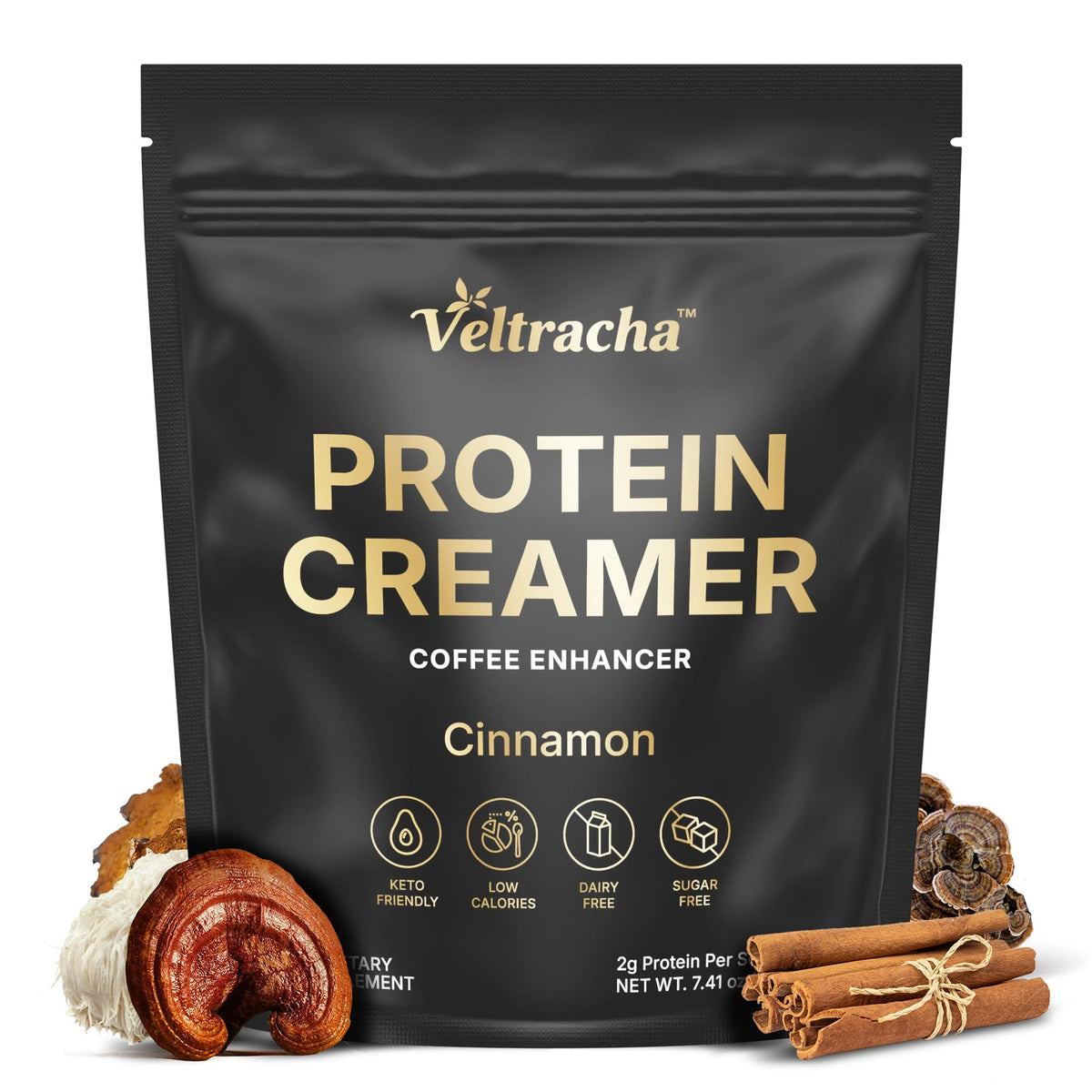 Veltracha coffee supplement cinnamon tub closeup — dairy-free, sugar-free keto-friendly creamer