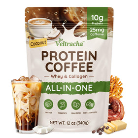 Veltracha grass-fed whey coffee coconut cup shows creamy texture and natural energy.