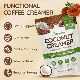 Veltracha ingredients label shows coconut powder and natural ingredients.