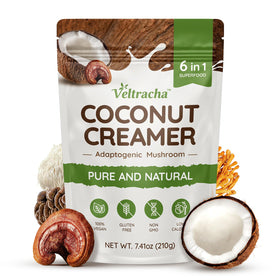 Veltracha Mushroom Coffee Creamer jar front highlights six adaptogenic mushrooms for daily energy.