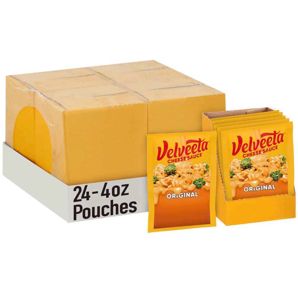 Velveeta Original Cheese Sauce Pouches 24-pack on display for quick meals.