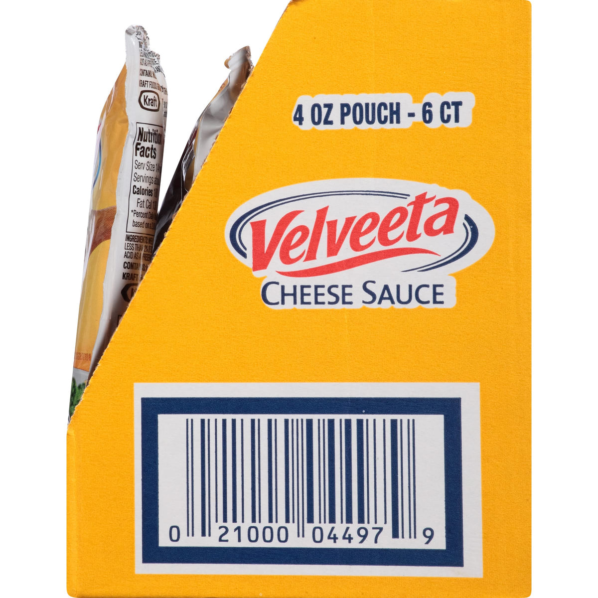 Box packaging of Velveeta Original Cheese Sauce Pouches for pantry.