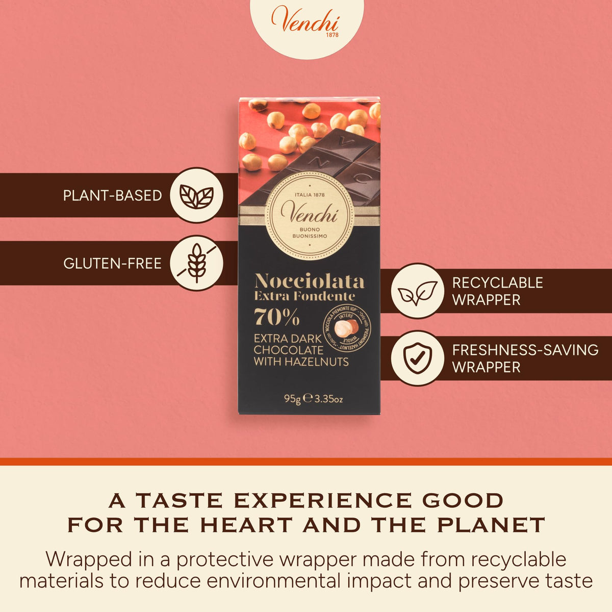 Venchi 70% bar ingredients shot emphasizing gluten-free option