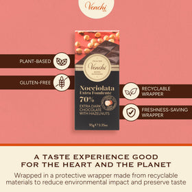 Venchi 70% bar ingredients shot emphasizing gluten-free option