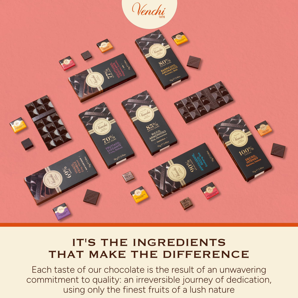 Venchi 70% bar Italian craftsmanship concept with natural ingredients