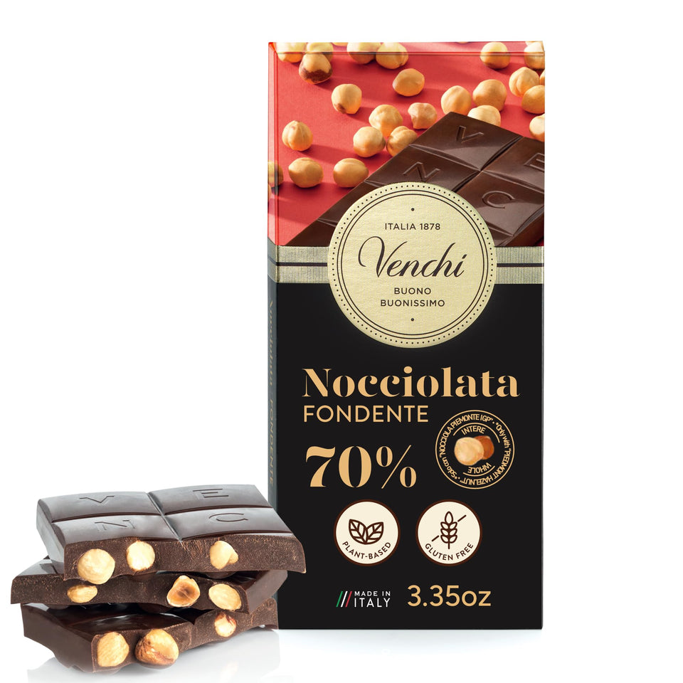 Venchi 70% dark chocolate hazelnut bar packshot highlights premium cacao