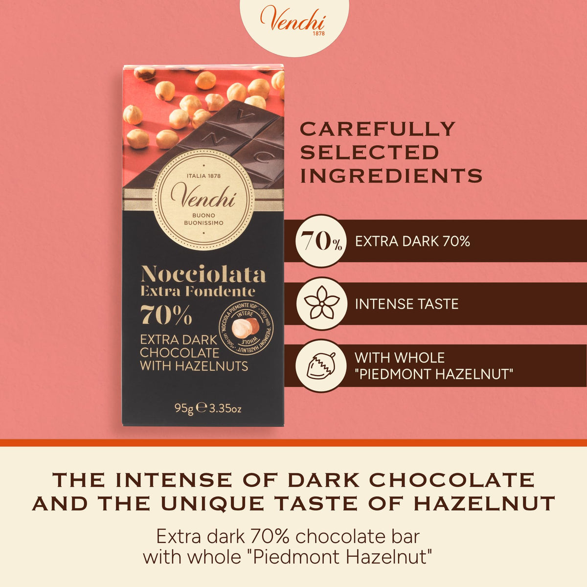 Venchi bar closeup highlights toasted Piedmont hazelnuts for rich flavor