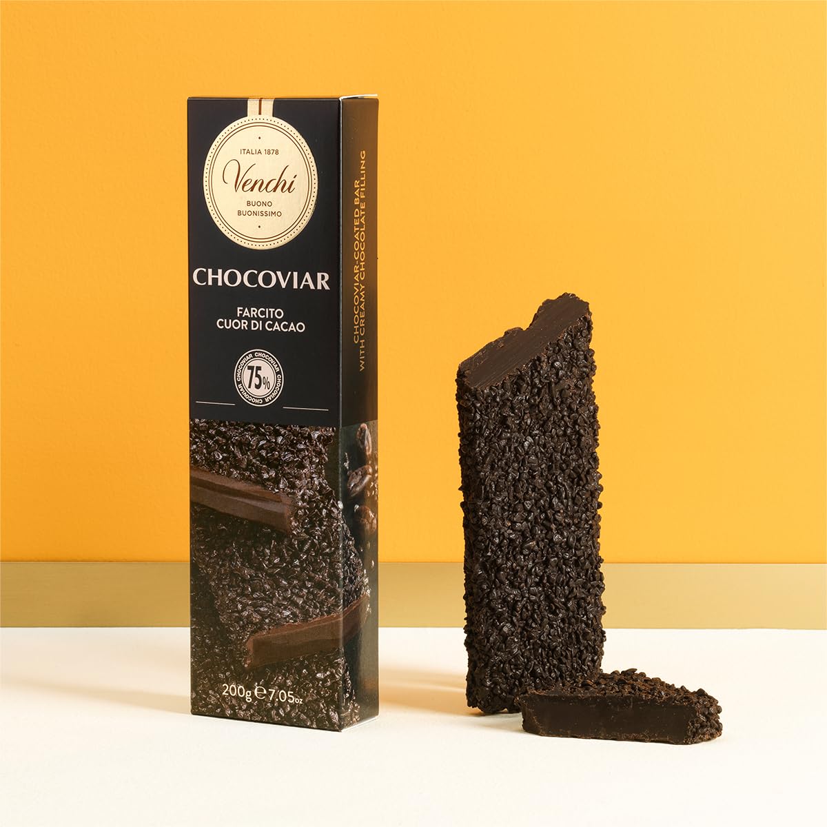 Venchi Chocoviar Soft Bar cross-section reveals Cuor di Cacao filling for a velvety center.