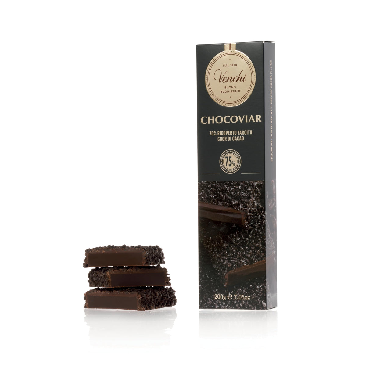 Venchi Chocoviar Soft Bar exterior shell with 75% dark chocolate, ideal for refined snacking.