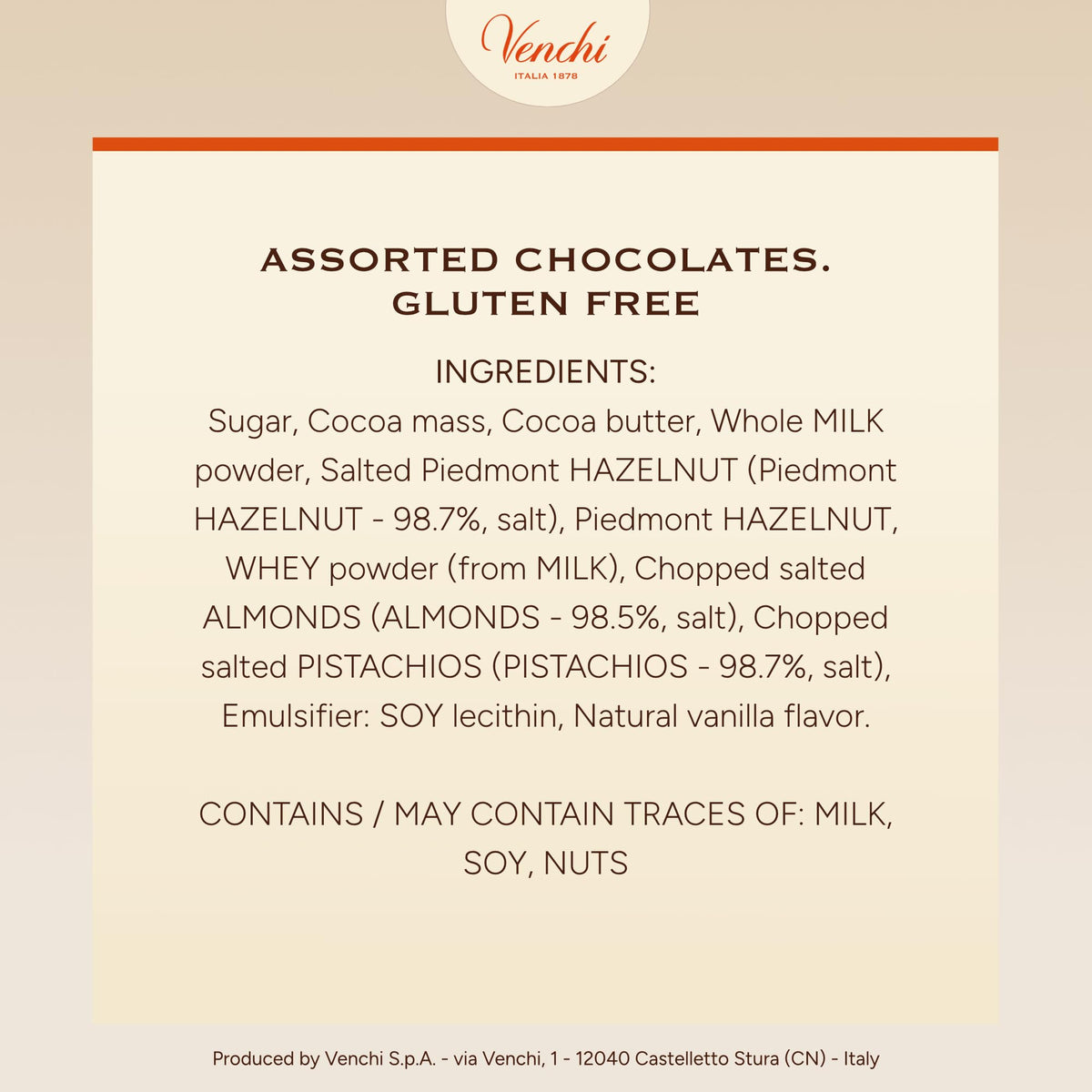 Venchi Italian chocolate quality, gluten-free and palm oil-free packaging details.