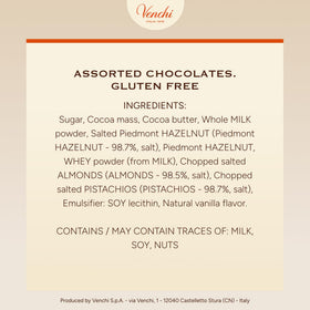 Venchi Italian chocolate quality, gluten-free and palm oil-free packaging details.