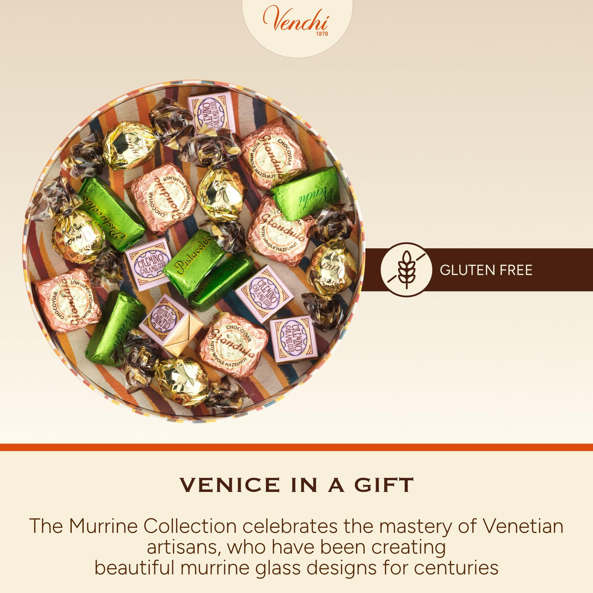 Close-up of Venchi Murrine Collection box detailing elegant packaging.