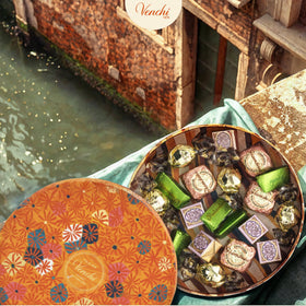 Venchi Murrine gift box close-up highlighting Italian craftsmanship and colorful murrine design.