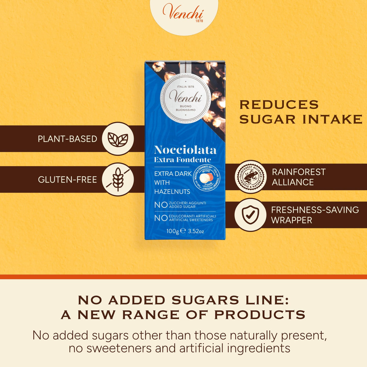 Venchi 75% cocoa chocolate bar highlights crunchy hazelnuts and rich aroma