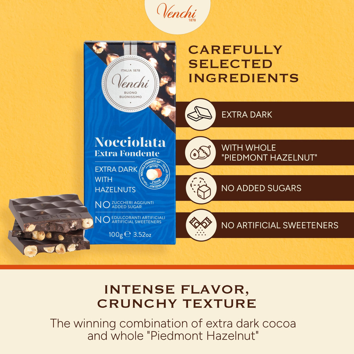 Venchi NO Added Sugar Dark Hazelnut Bar with hazelnuts, gluten-free and vegan