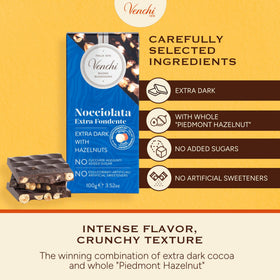 Venchi NO Added Sugar Dark Hazelnut Bar with hazelnuts, gluten-free and vegan
