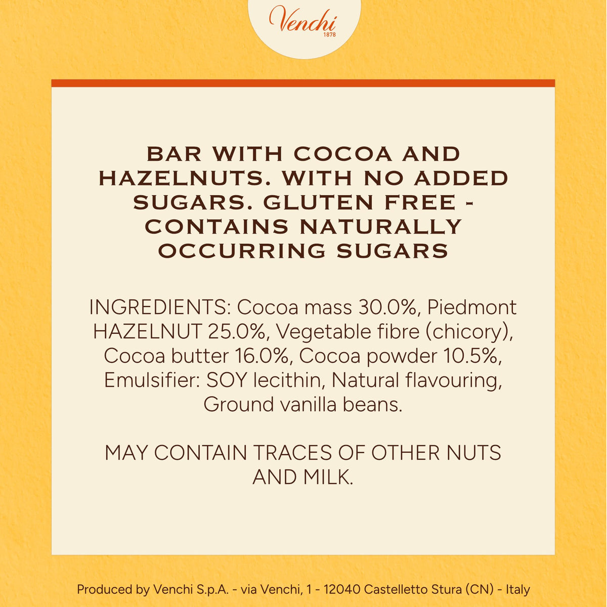Venchi gluten-free vegan treat with cocoa and whole hazelnuts