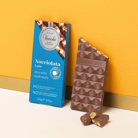 Venchi NO Added Sugar Milk Hazelnut Bar hazelnuts closeup showcases whole Piedmont hazelnuts