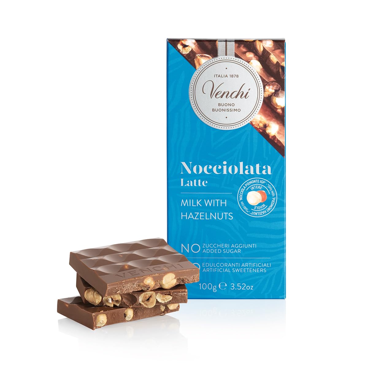 Venchi NO Added Sugar Milk Hazelnut Bar packshot highlighting gluten-free, natural sweetness