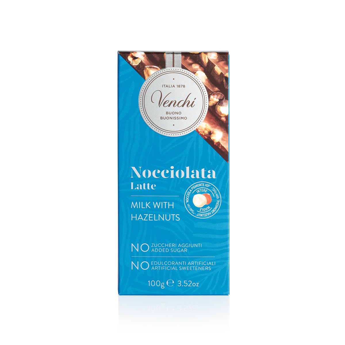 Venchi NO Added Sugar Milk Hazelnut Bar slice reveals creamy milk chocolate and hazelnuts