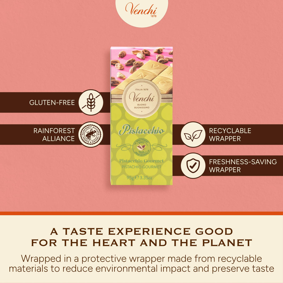 Venchi Pistachio Bar crunchy texture from whole nuts.