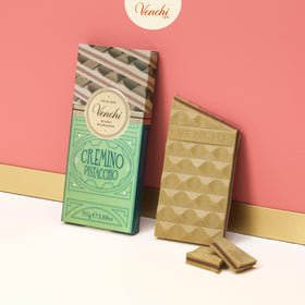 Venchi Pistachio Cremino bar view showing rich multi-layer composition.