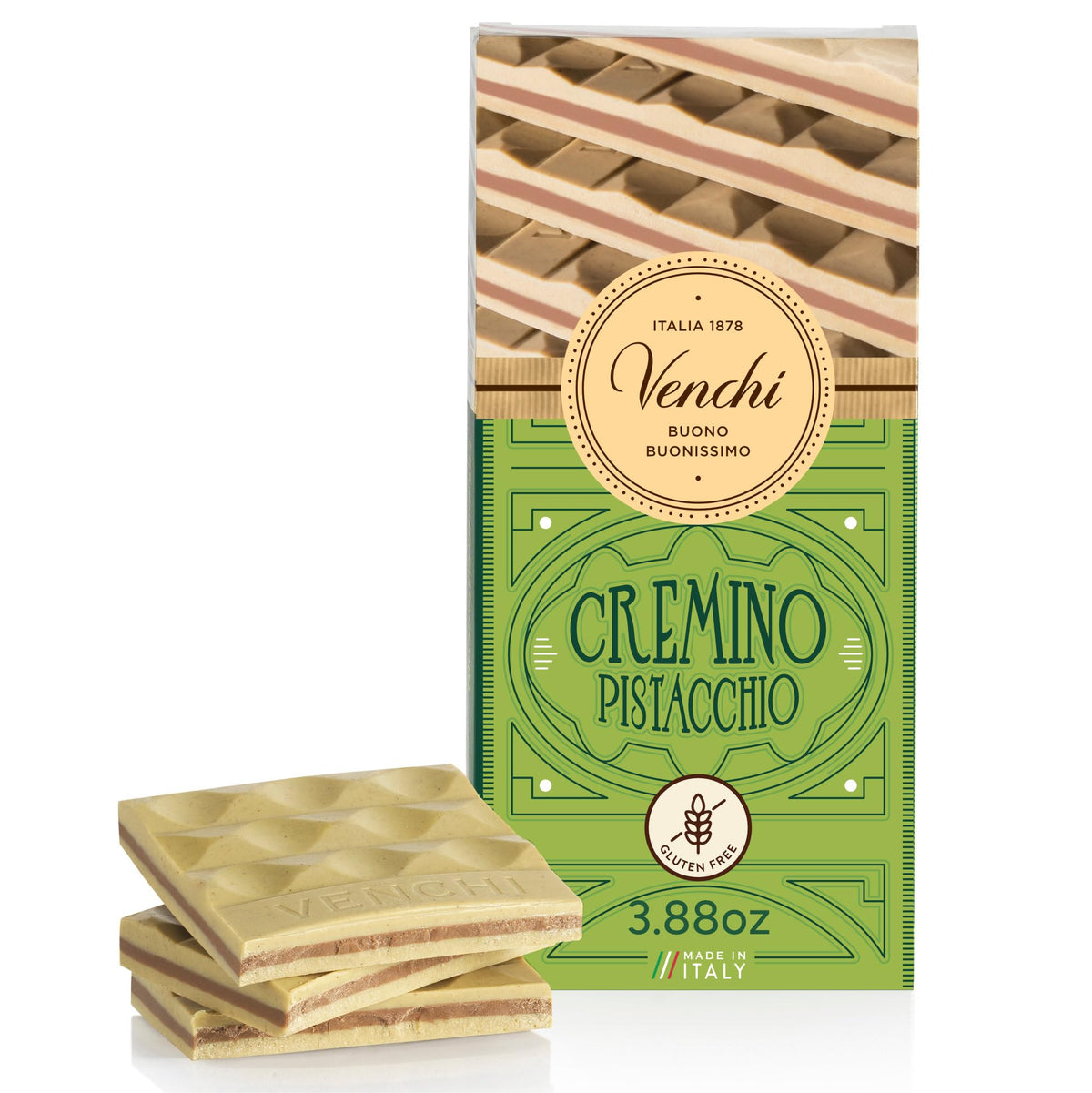 Venchi Pistachio Cremino three-layer slice, creamy Gianduja texture ideal with coffee.