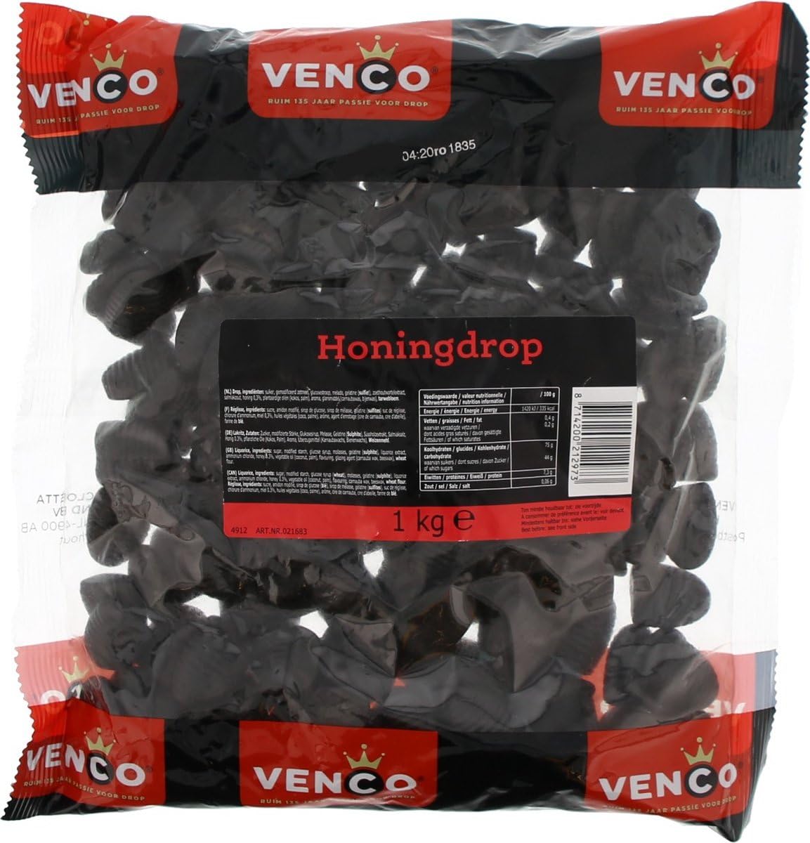 Venco Honey Honingdrop licorice slices closeup, glossy texture invites tasting.