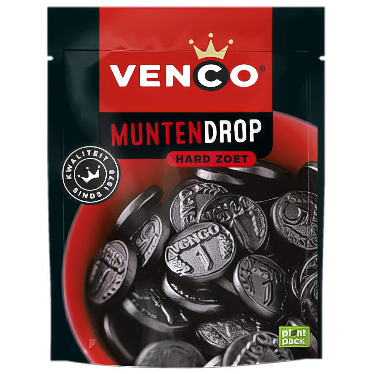 Venco Muntendrop coin-shaped licorice on a dark surface, after-dinner indulgence.